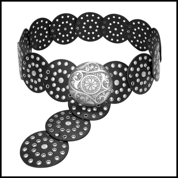Western Concho Belt Wide Hollow Disc Leather Waist Belt Adjustable Retro Boho